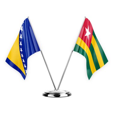 Two table flags isolated on white background 3d illustration, bosnia and togo