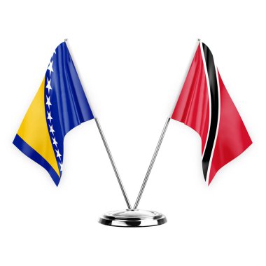 Two table flags isolated on white background 3d illustration, bosnia and tobago