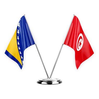 Two table flags isolated on white background 3d illustration, bosnia and tunisia