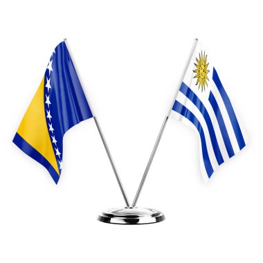 Two table flags isolated on white background 3d illustration, bosnia and uruguay