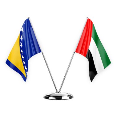 Two table flags isolated on white background 3d illustration, bosnia and united arab emirates