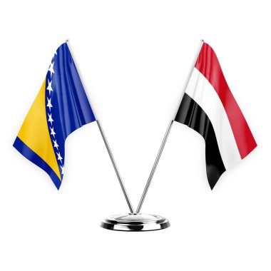 Two table flags isolated on white background 3d illustration, bosnia and yemen