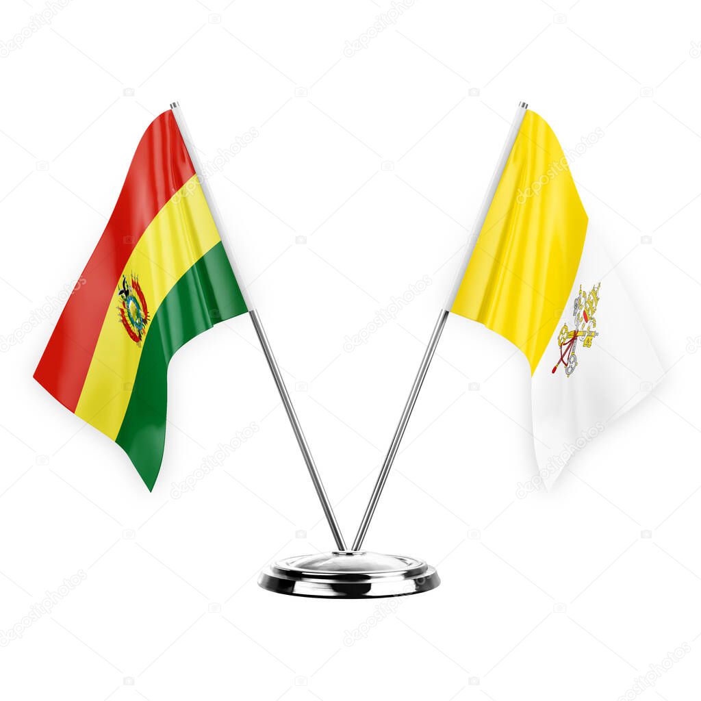 Two table flags isolated on white background 3d illustration, bolivia and holy see