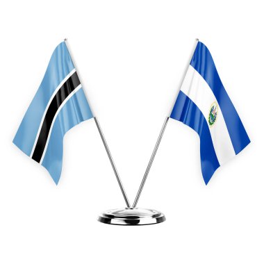 Two table flags isolated on white background 3d illustration, botswana and el salvador