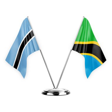Two table flags isolated on white background 3d illustration, botswana and tanzania