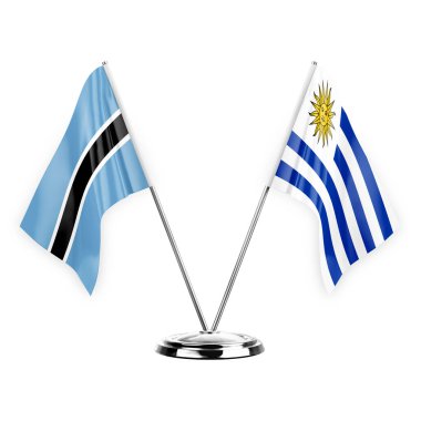 Two table flags isolated on white background 3d illustration, botswana and uruguay