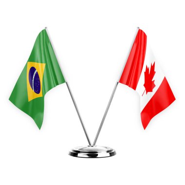 Two table flags isolated on white background 3d illustration, brazil and canada