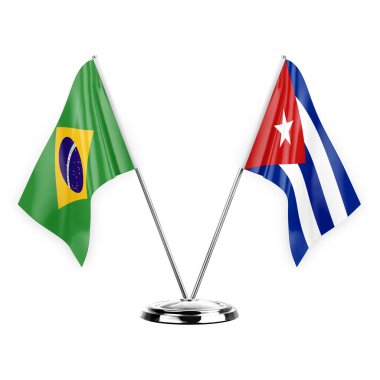 Two table flags isolated on white background 3d illustration, brazil and cuba