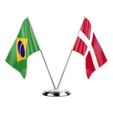 Two table flags isolated on white background 3d illustration, brazil and denmark