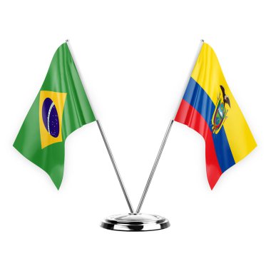 Two table flags isolated on white background 3d illustration, brazil and ecuador