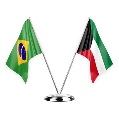 Two table flags isolated on white background 3d illustration, brazil and kuwait