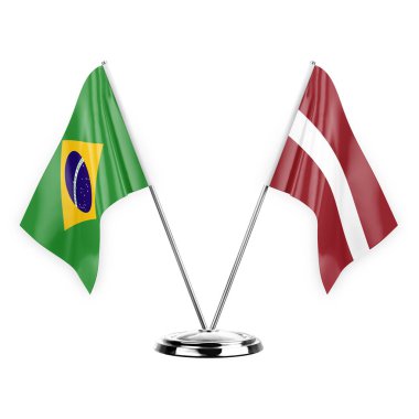 Two table flags isolated on white background 3d illustration, brazil and latvia