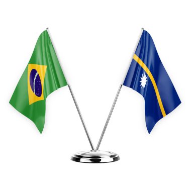 Two table flags isolated on white background 3d illustration, brazil and nauru