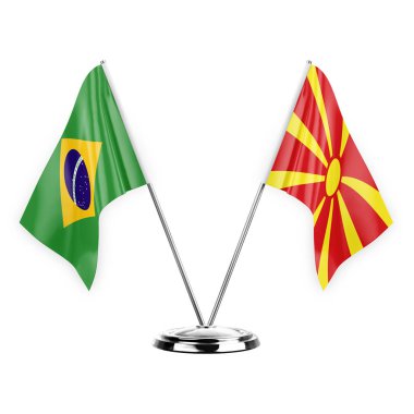 Two table flags isolated on white background 3d illustration, brazil and north macedonia