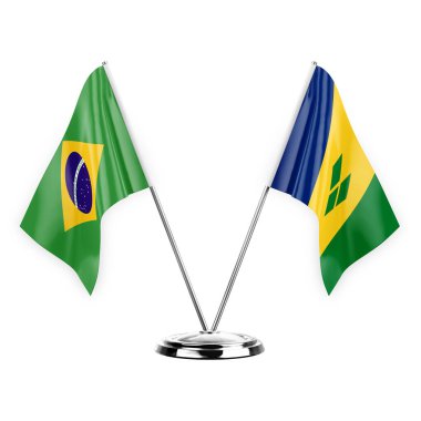 Two table flags isolated on white background 3d illustration, brazil and saint vincent and the grenadines
