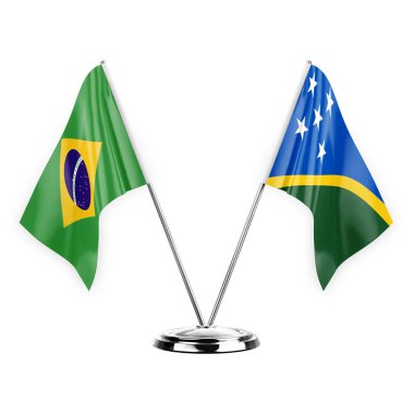 Two table flags isolated on white background 3d illustration, brazil and solomon islands