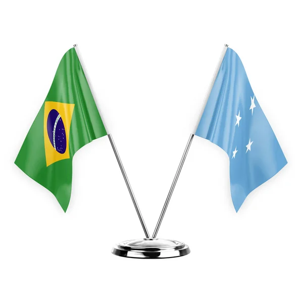 Dos Banderas Mesa Aisladas Sobre Fondo Blanco Ilustración Brasil Micronesia — Foto de Stock