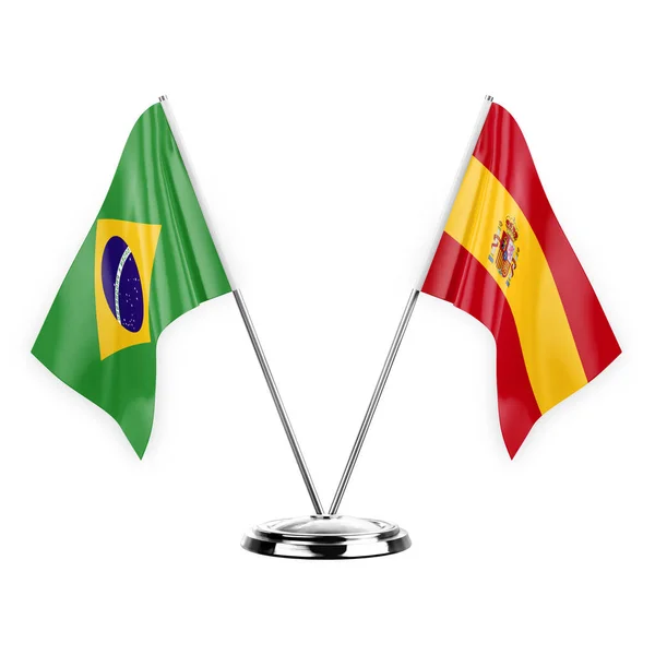 Two Table Flags Isolated White Background Illustration Brazil Spain — Stok fotoğraf