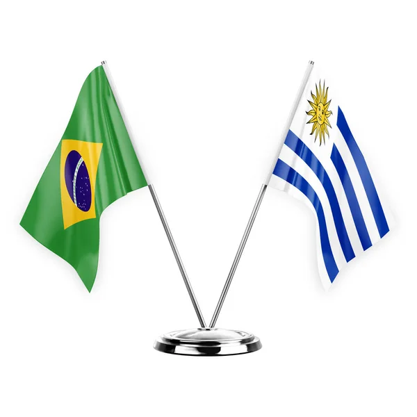 Two Table Flags Isolated White Background Illustration Brazil Uruguay — Stock fotografie