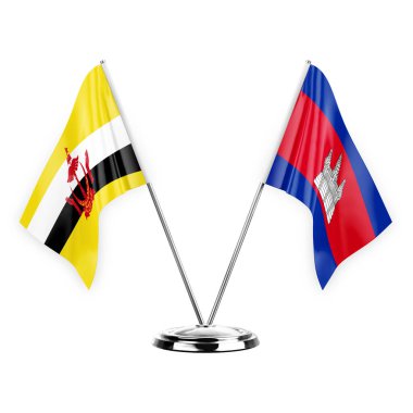 Two table flags isolated on white background 3d illustration, brunei and cambodia