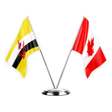 Two table flags isolated on white background 3d illustration, brunei and canada