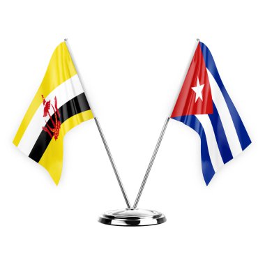 Two table flags isolated on white background 3d illustration, brunei and cuba
