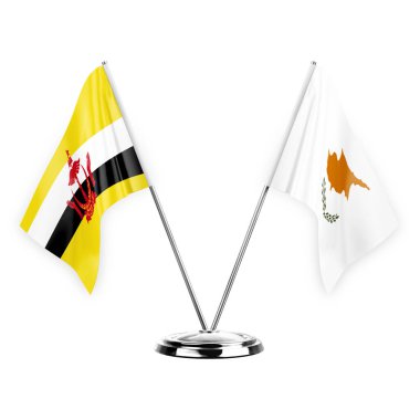Two table flags isolated on white background 3d illustration, brunei and cyprus
