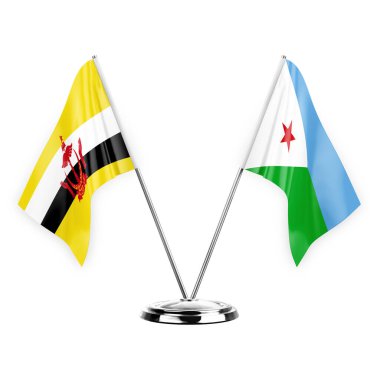 Two table flags isolated on white background 3d illustration, brunei and djibouti