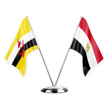 Two table flags isolated on white background 3d illustration, brunei and egypt