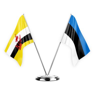 Two table flags isolated on white background 3d illustration, brunei and estonia