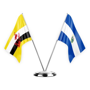 Two table flags isolated on white background 3d illustration, brunei and el salvador