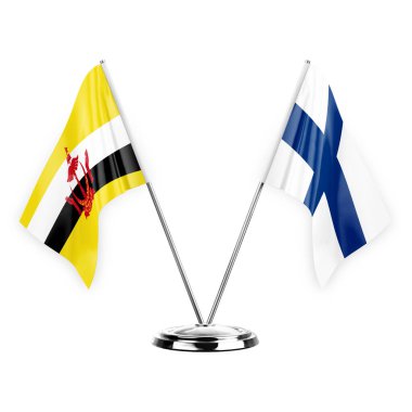 Two table flags isolated on white background 3d illustration, brunei and finland