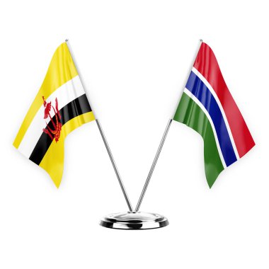Two table flags isolated on white background 3d illustration, brunei and gambia