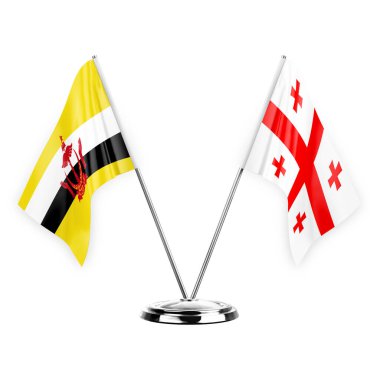 Two table flags isolated on white background 3d illustration, brunei and georgia