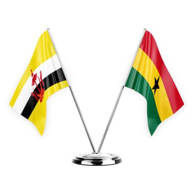 Two table flags isolated on white background 3d illustration, brunei and ghana