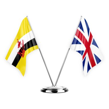 Two table flags isolated on white background 3d illustration, brunei and britain