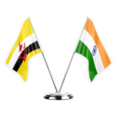 Two table flags isolated on white background 3d illustration, brunei and india