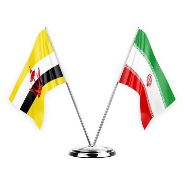 Two table flags isolated on white background 3d illustration, brunei and iran