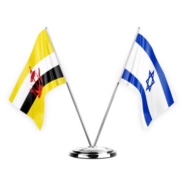 Two table flags isolated on white background 3d illustration, brunei and israel