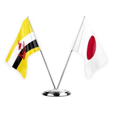 Two table flags isolated on white background 3d illustration, brunei and japan