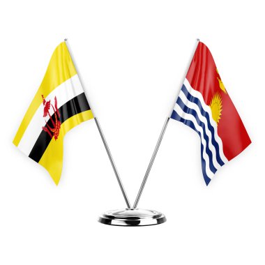 Two table flags isolated on white background 3d illustration, brunei and kiribati