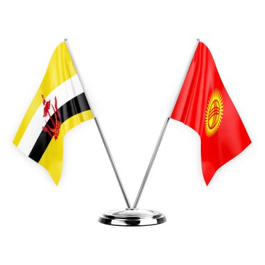Two table flags isolated on white background 3d illustration, brunei and kyrgyzstan