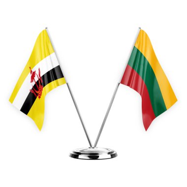 Two table flags isolated on white background 3d illustration, brunei and lithuania