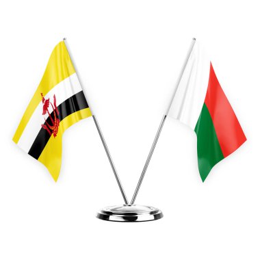 Two table flags isolated on white background 3d illustration, brunei and madagascar