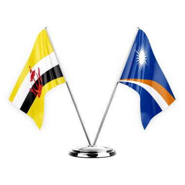 Two table flags isolated on white background 3d illustration, brunei and marshall islands