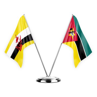 Two table flags isolated on white background 3d illustration, brunei and mozambique