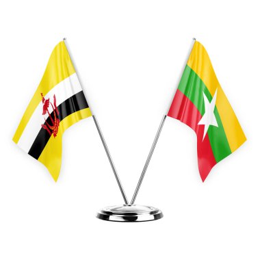 Two table flags isolated on white background 3d illustration, brunei and myanmar