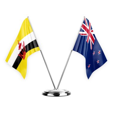 Two table flags isolated on white background 3d illustration, brunei and new zealand