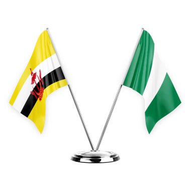 Two table flags isolated on white background 3d illustration, brunei and nigeria