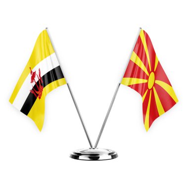 Two table flags isolated on white background 3d illustration, brunei and north macedonia